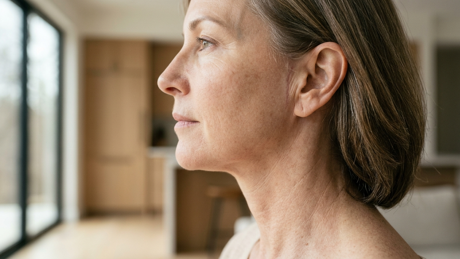A patient smiling confidently during deep plane facelift recovery at six months post-surgery.