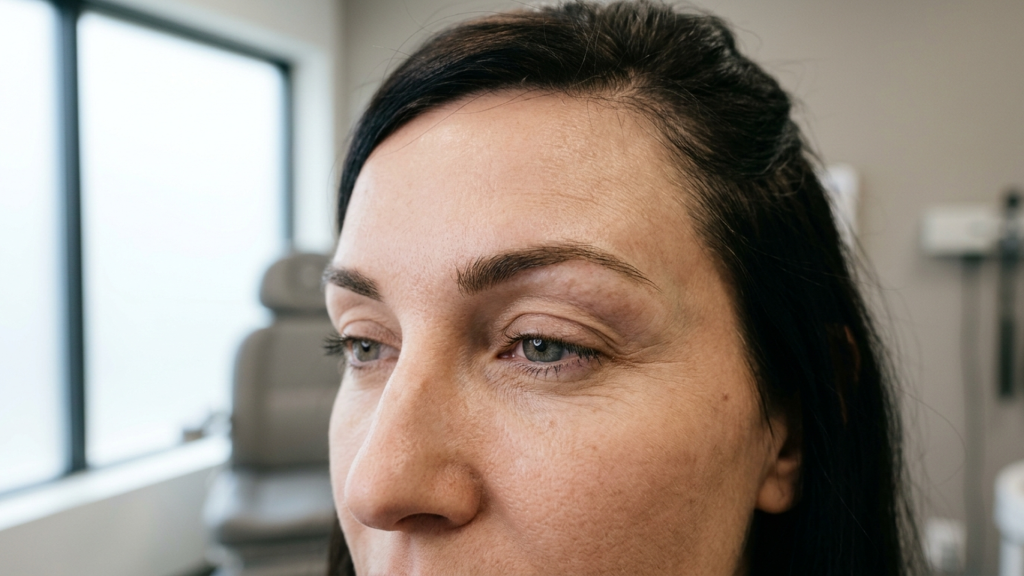 A close-up comparison of a woman's face highlighting the results of fox eyes surgery vs thread lift.